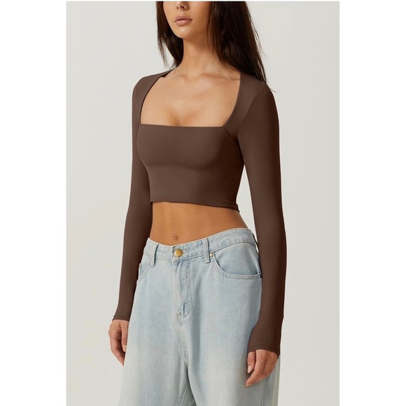 Qinsen Tops - Tik Tok top pick, Qinsen Women Brown Long Sleeve Square Neck Cropped Top